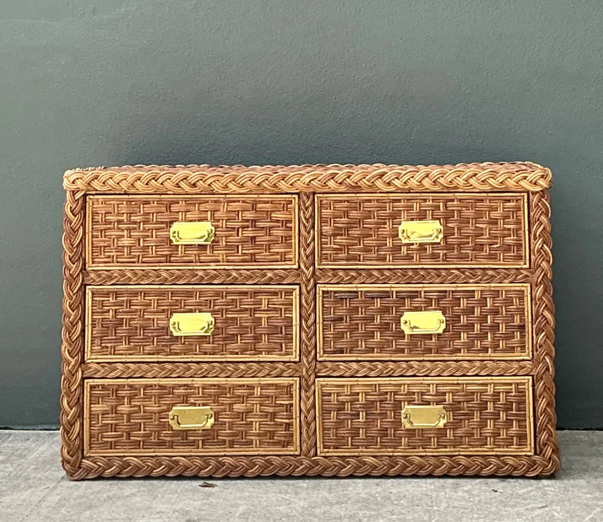 Vintage Braided Rattan Six Drawer Campaign Dresser — additional photo 7