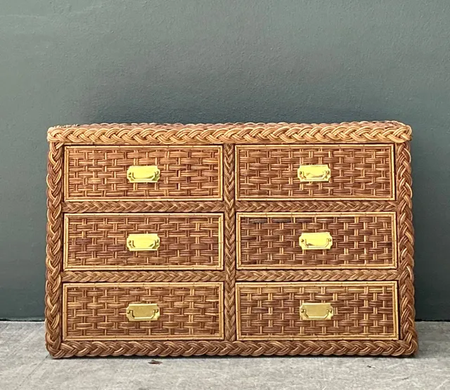 Vintage Braided Rattan Six Drawer Campaign Dresser — additional photo 7