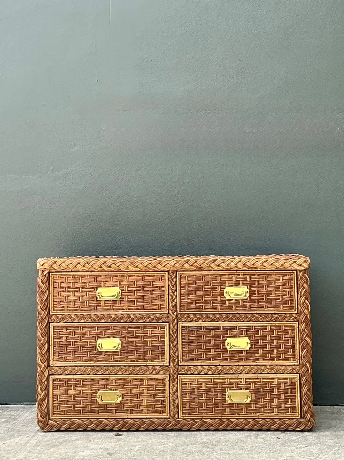 Vintage Braided Rattan Six Drawer Campaign Dresser — additional photo 4