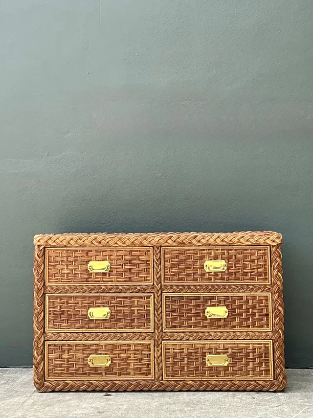 Vintage Braided Rattan Six Drawer Campaign Dresser — additional photo 4