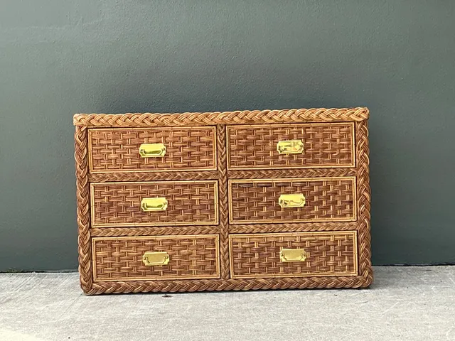 Vintage Braided Rattan Six Drawer Campaign Dresser — additional photo 2
