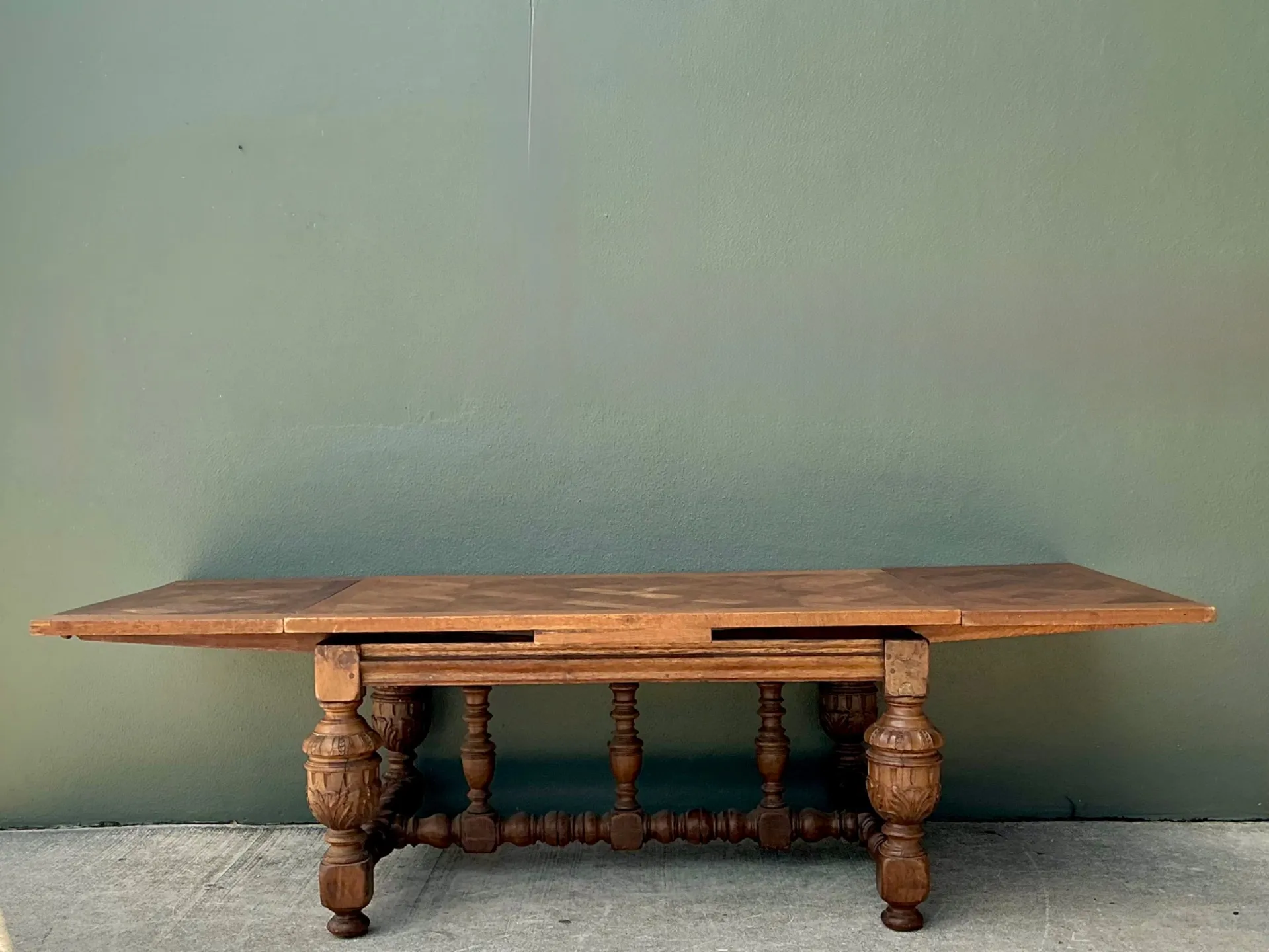 Vintage Spanish Carved Wood Parquet Extendable Dining Table — additional photo 1