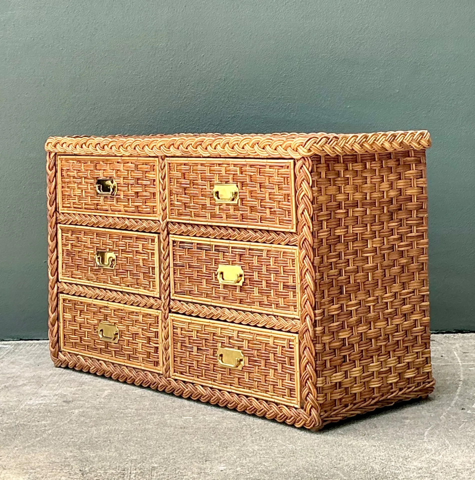 Vintage Braided Rattan Six Drawer Campaign Dresser — additional photo 8