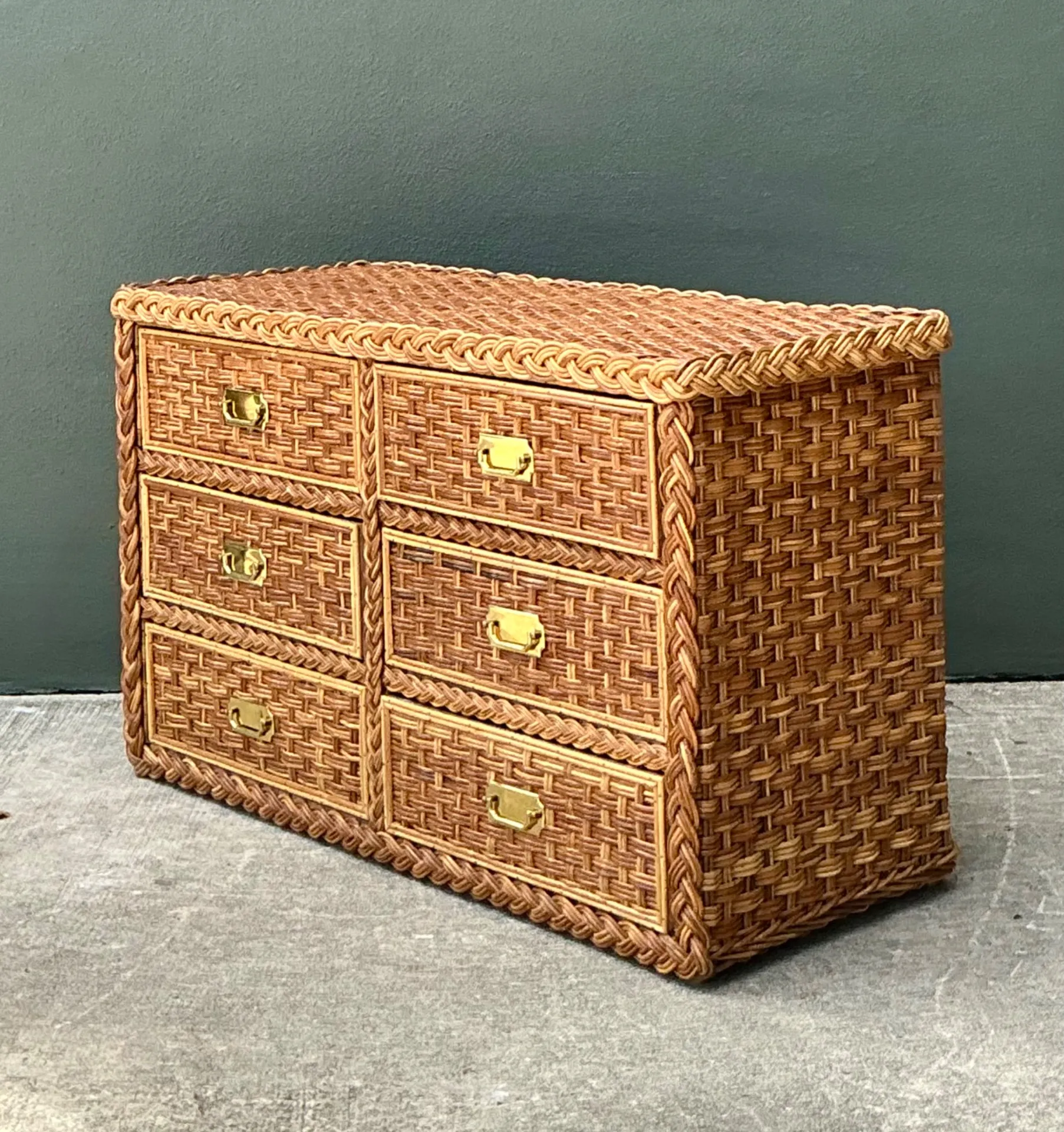 Vintage Braided Rattan Six Drawer Campaign Dresser — additional photo 1