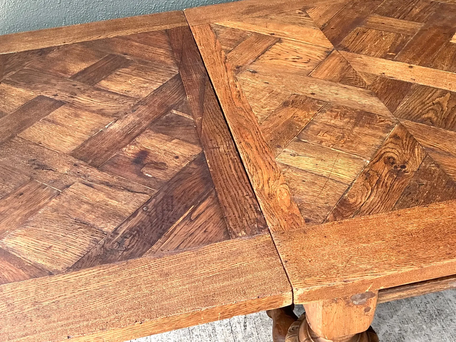 Vintage Spanish Carved Wood Parquet Extendable Dining Table — additional photo 6