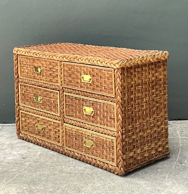 Vintage Braided Rattan Six Drawer Campaign Dresser — additional photo 3
