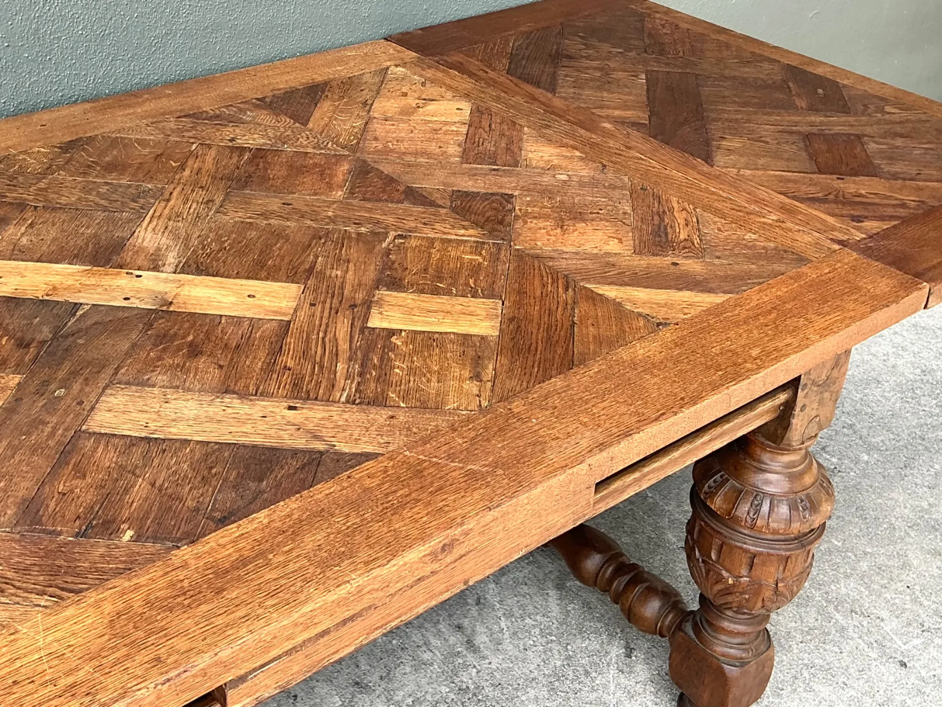 Vintage Spanish Carved Wood Parquet Extendable Dining Table — additional photo 7