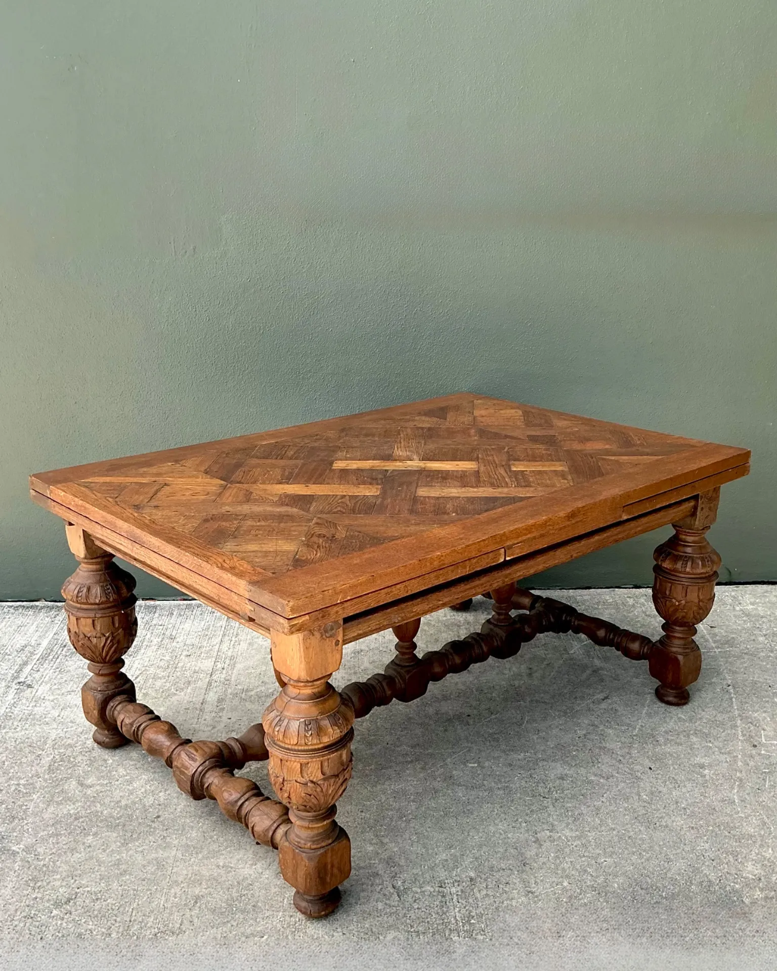 Vintage Spanish Carved Wood Parquet Extendable Dining Table — additional photo 3