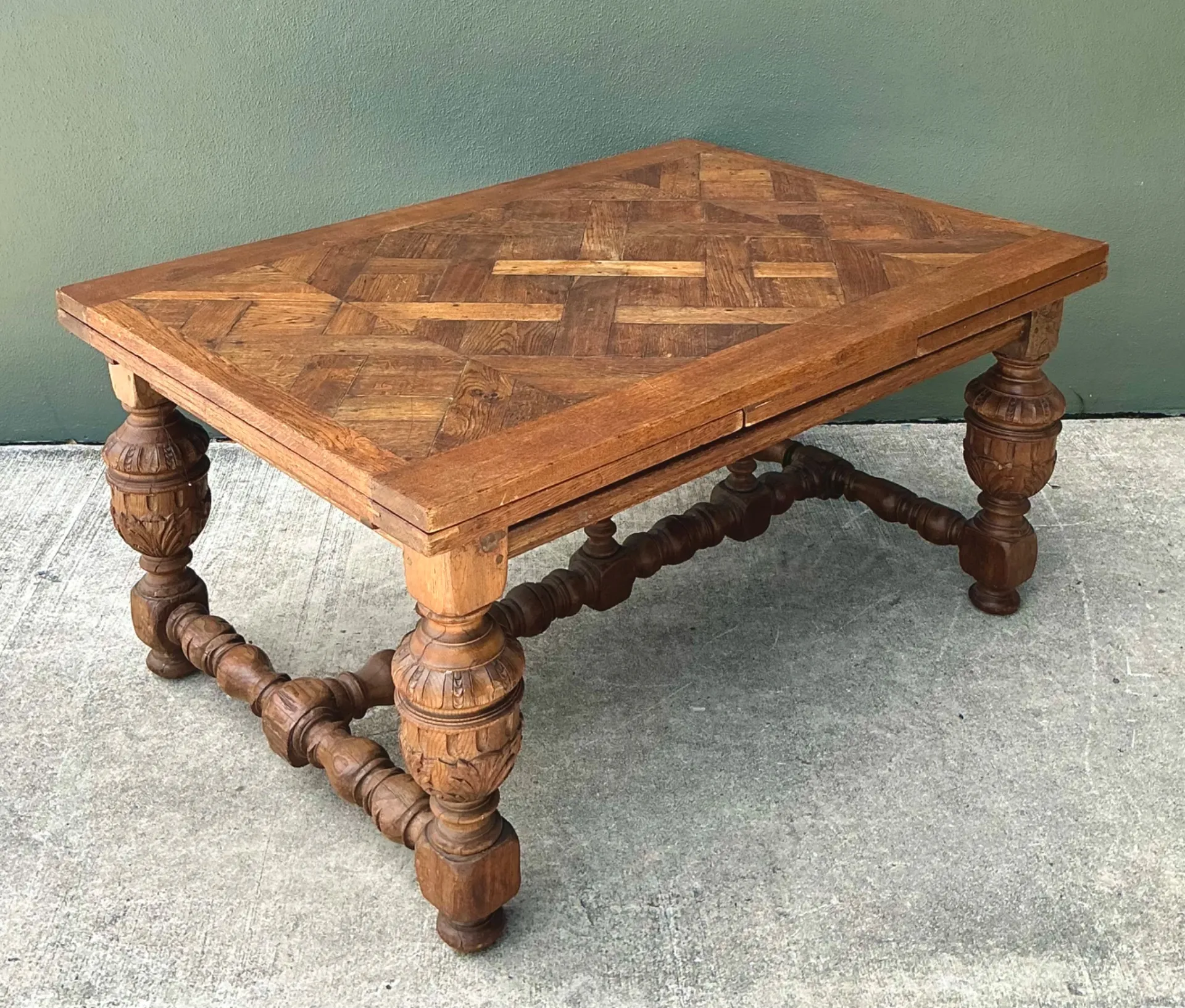 Vintage Spanish Carved Wood Parquet Extendable Dining Table — additional photo 8