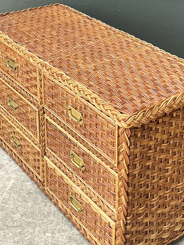 Vintage Braided Rattan Six Drawer Campaign Dresser — additional photo 6