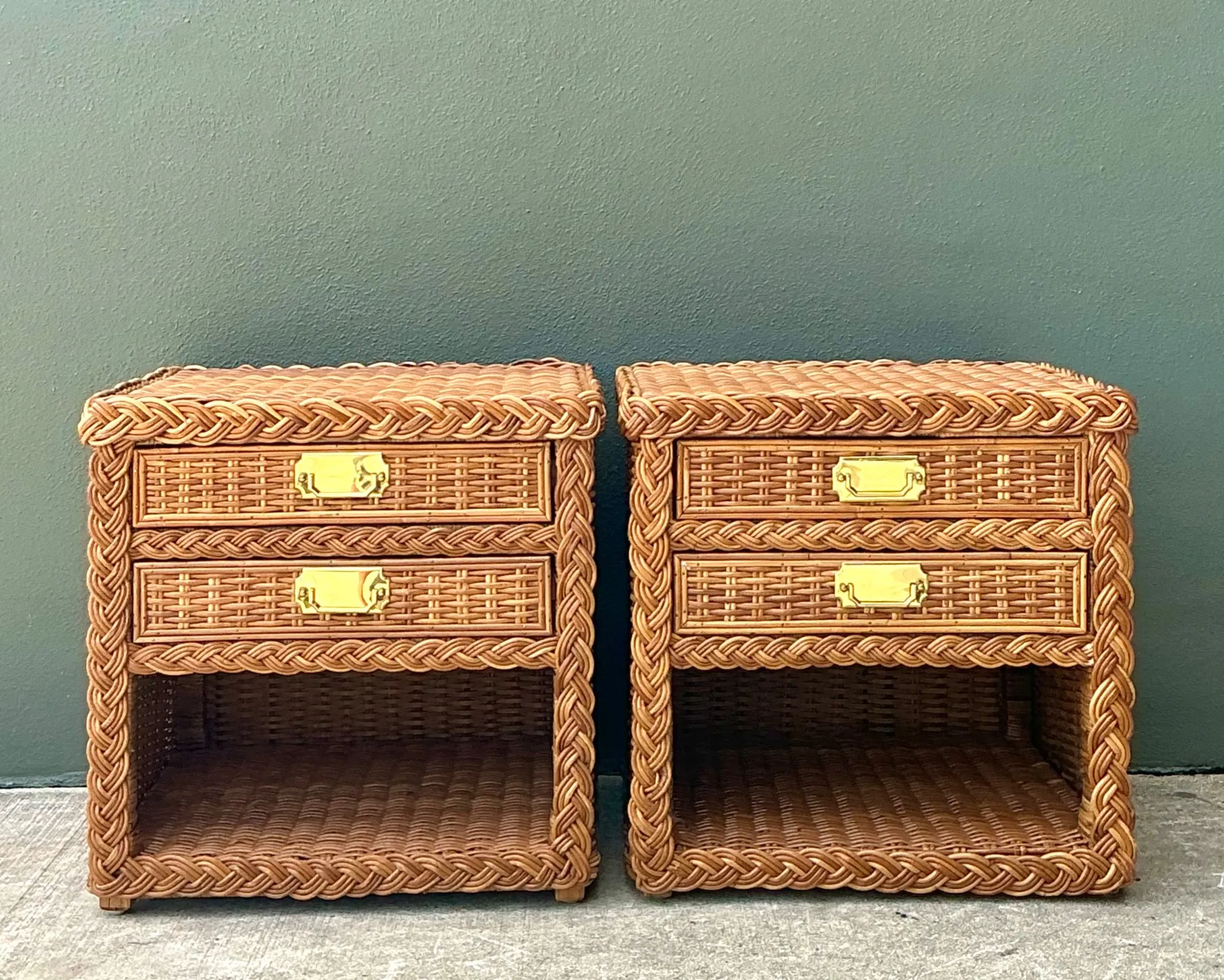 Vintage Braided Rattan Nightstands - A Pair — additional photo 1