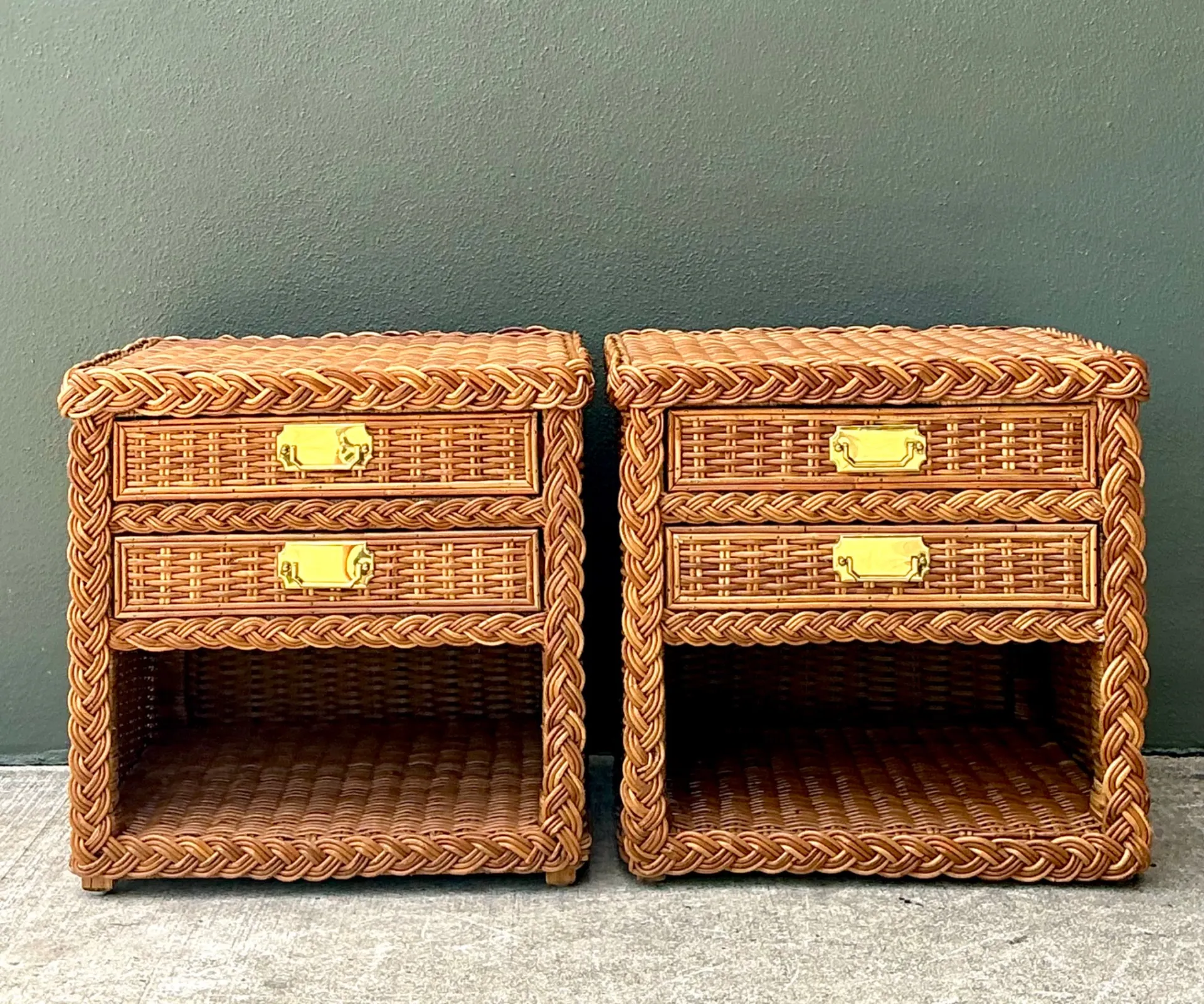 Vintage Braided Rattan Nightstands - A Pair — additional photo 3