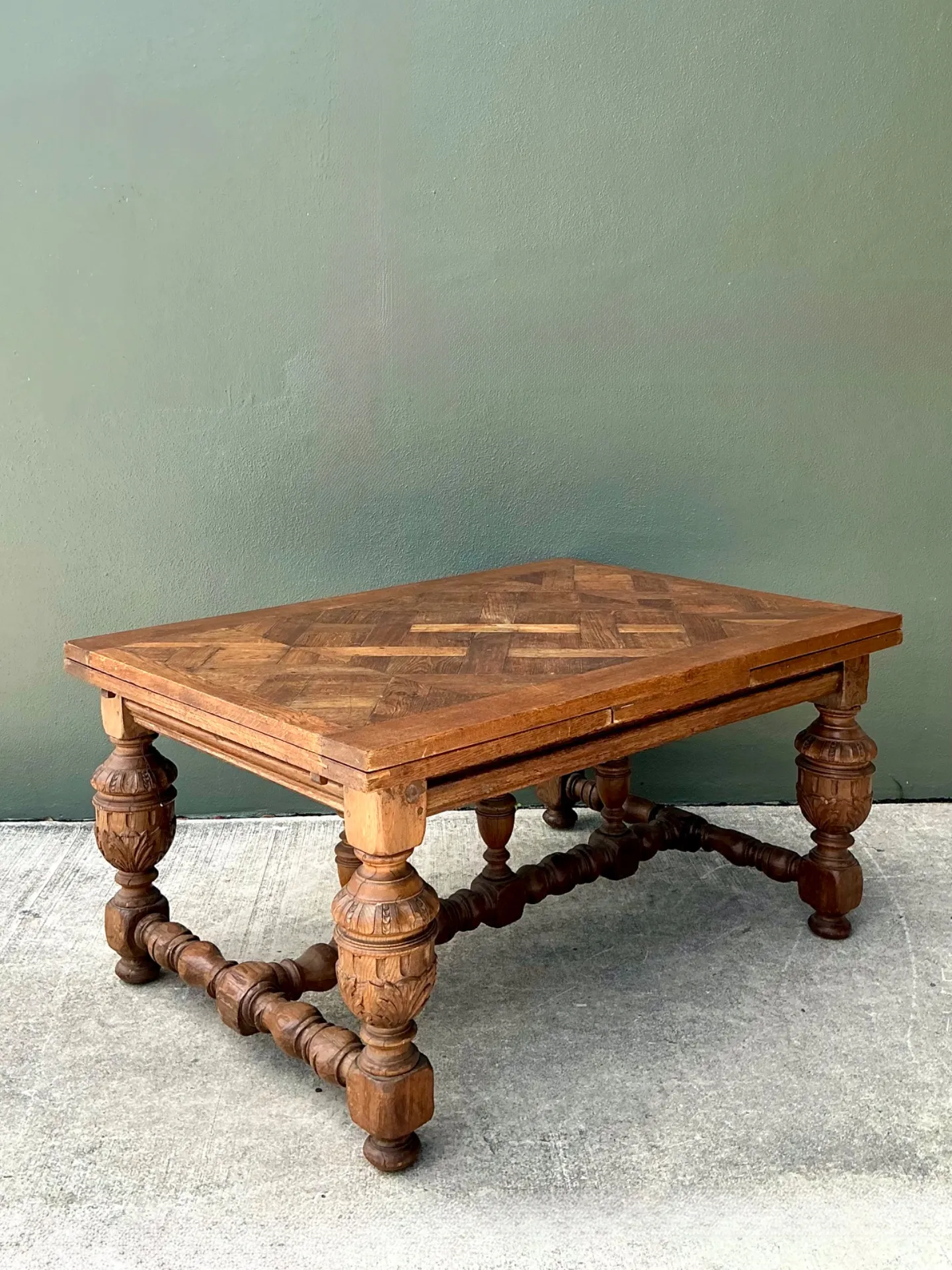 Vintage Spanish Carved Wood Parquet Extendable Dining Table — additional photo 5