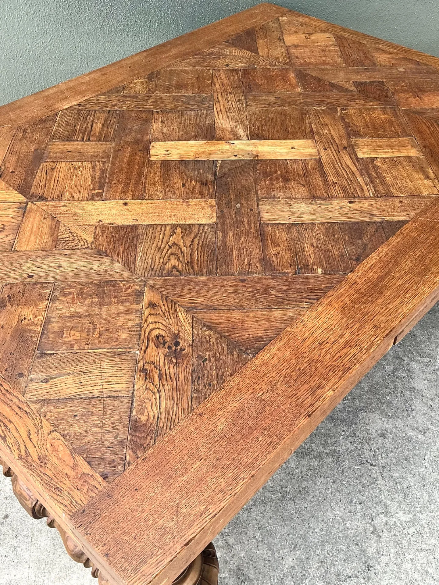 Vintage Spanish Carved Wood Parquet Extendable Dining Table — additional photo 4