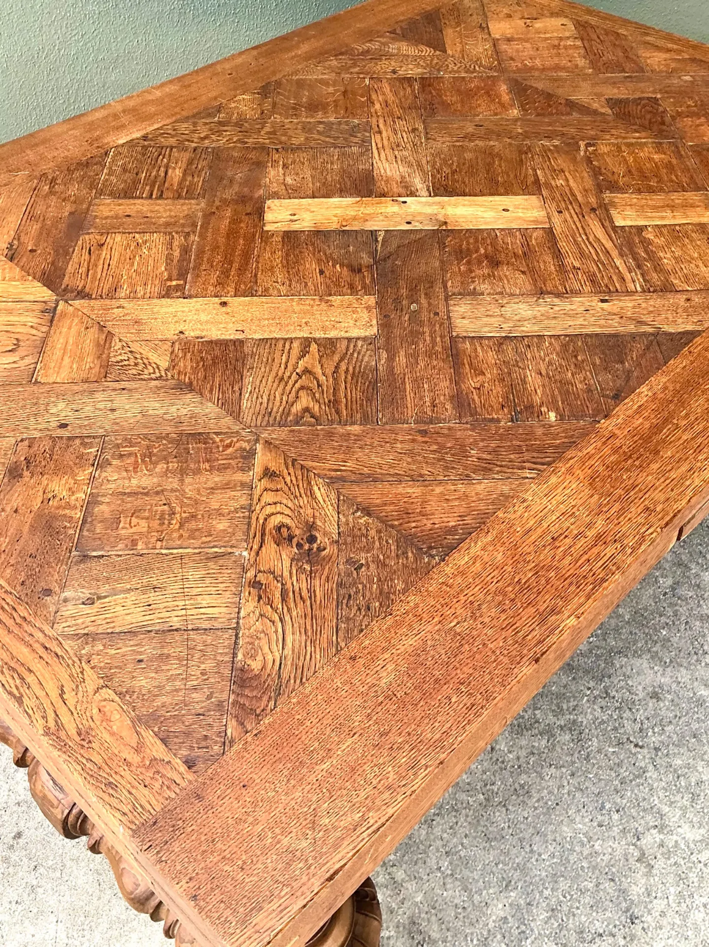 Vintage Spanish Carved Wood Parquet Extendable Dining Table — additional photo 2