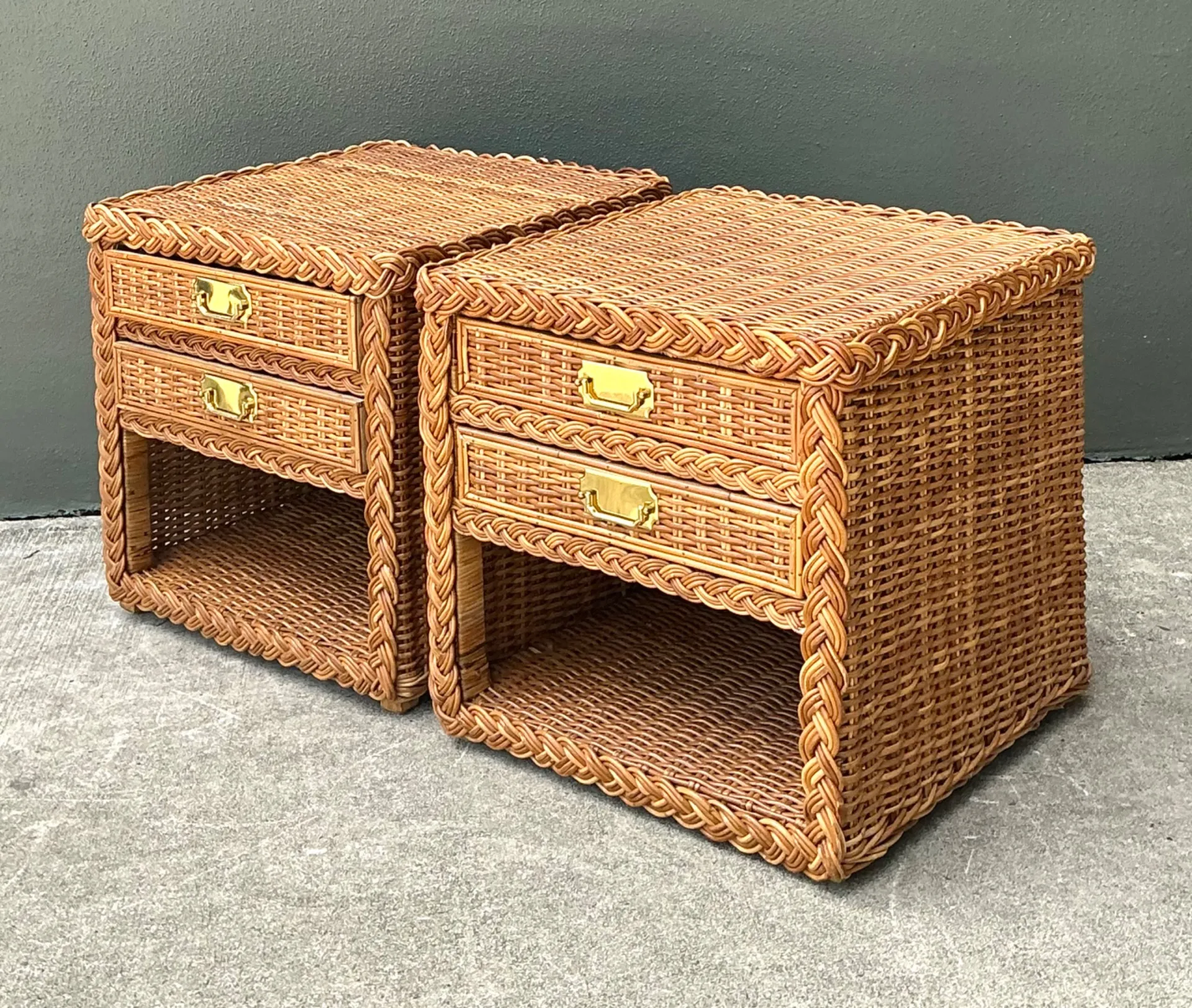 Vintage Braided Rattan Nightstands - A Pair — additional photo 2