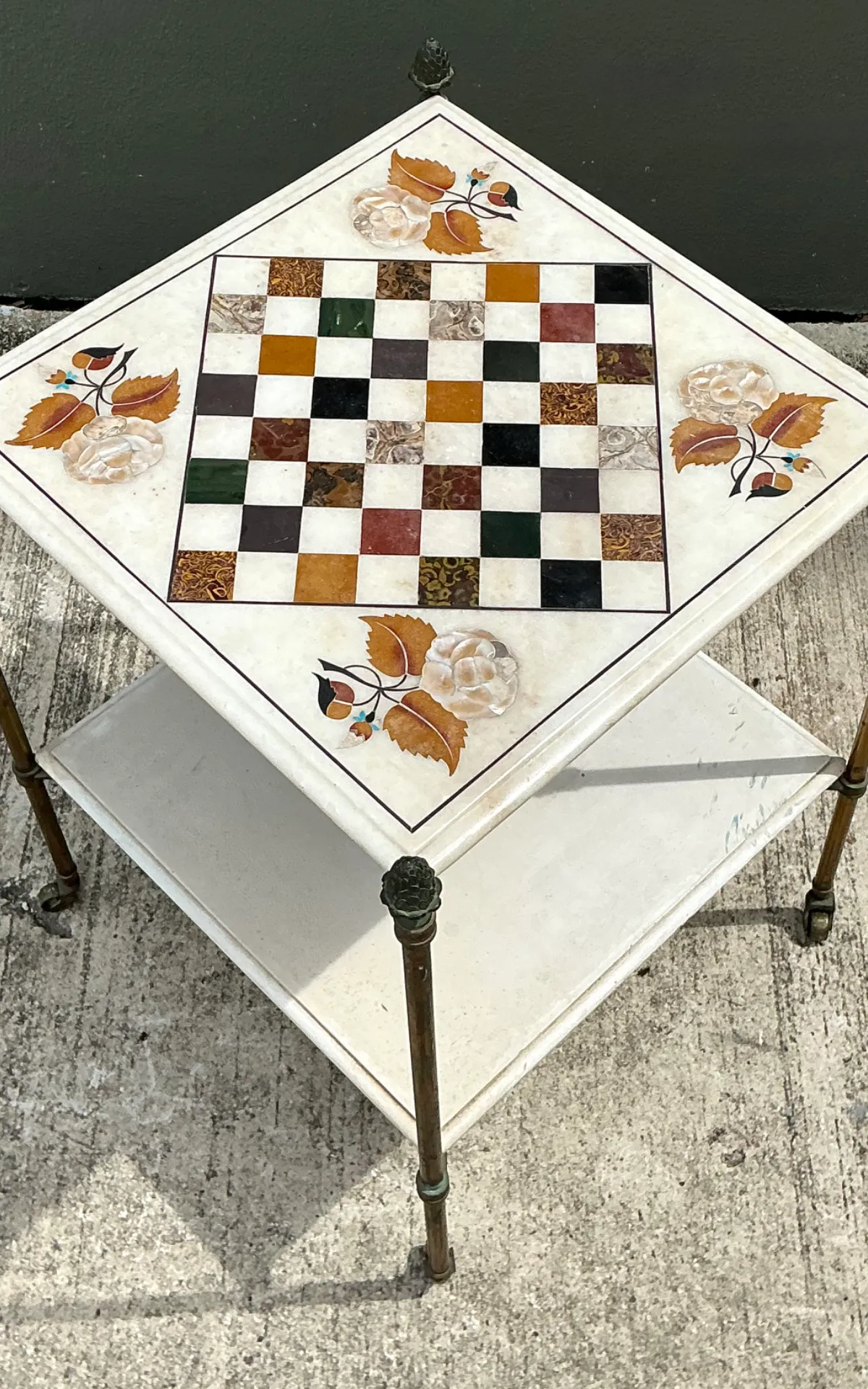 Vintage Marble Inlay Chessboard Side Table