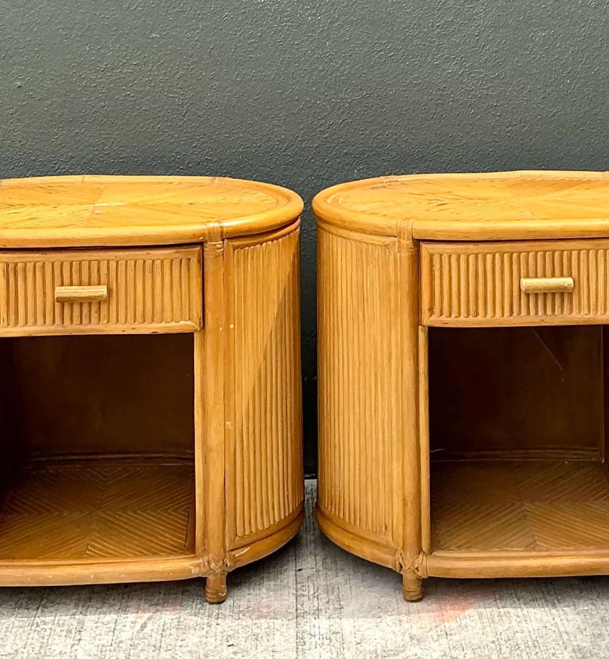 Vintage Rattan Oval Nightstands - A Pair