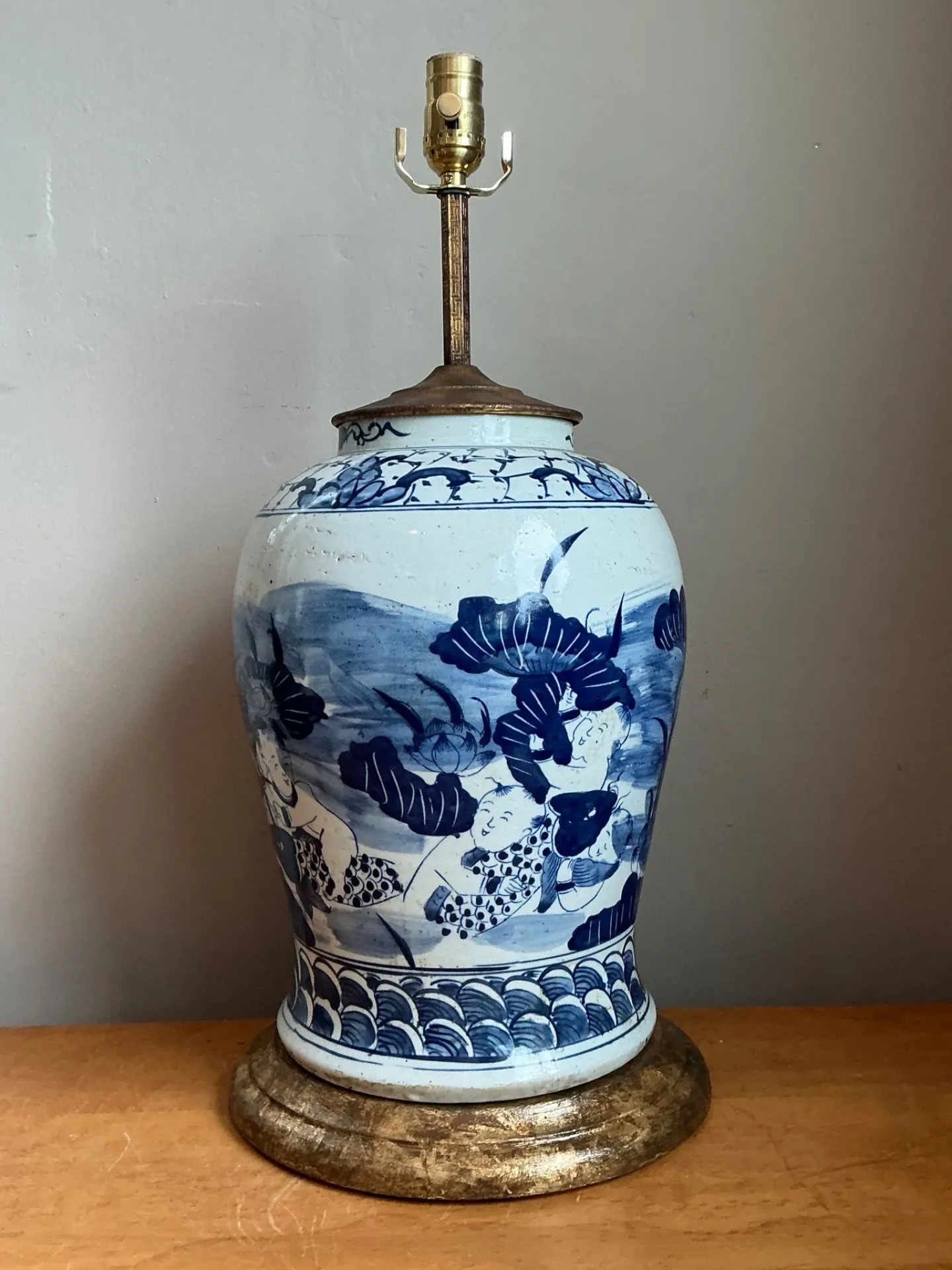 Antique Style Blue Ceramic Lamp with Wooden Base — additional photo 6