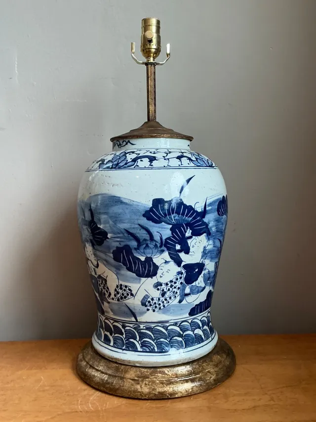 Antique Style Blue Ceramic Lamp with Wooden Base — additional photo 6