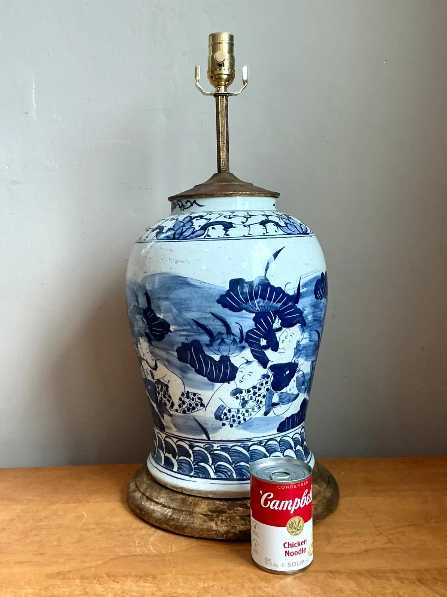 Antique Style Blue Ceramic Lamp with Wooden Base — additional photo 1