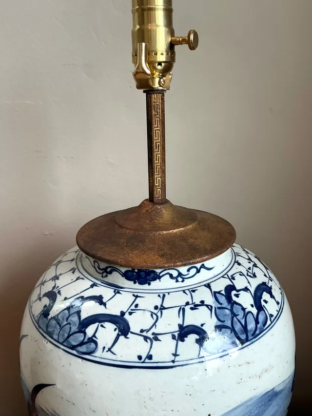 Antique Style Blue Ceramic Lamp with Wooden Base — additional photo 8