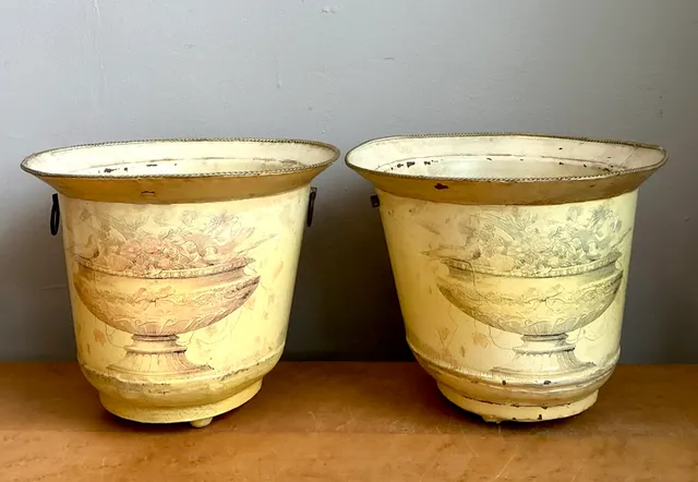 Vintage Distressed French Toile Metal Cache Pot - A Pair — additional photo 2