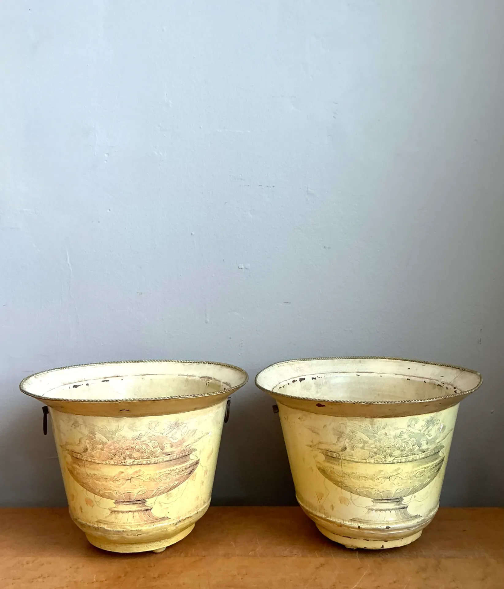Vintage Distressed French Toile Metal Cache Pot - A Pair — additional photo 7