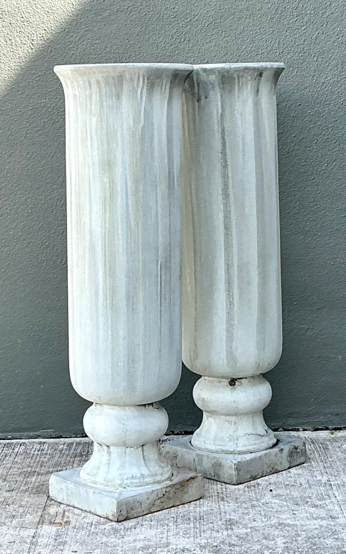 Vintage Tall Fluted Plaster Covered Resin Urns - A Pair