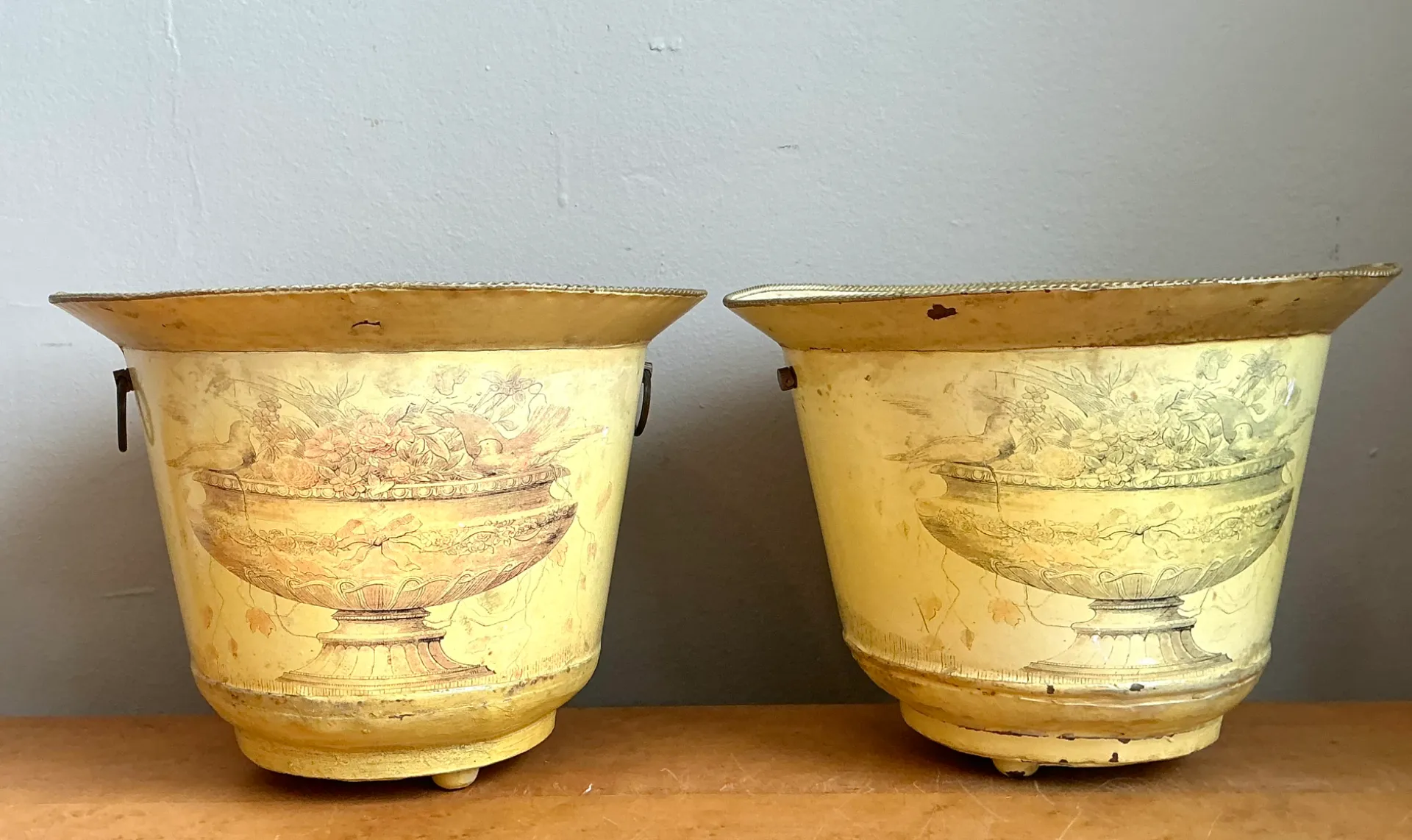 Vintage Distressed French Toile Metal Cache Pot - A Pair — additional photo 5