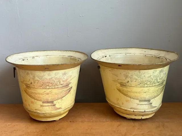 Vintage Distressed French Toile Metal Cache Pot - A Pair — additional photo 1