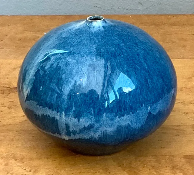 Vintage Blue Glazed Ceramic Vase - Ceramic, 4.25W x 3.75H — additional photo 2
