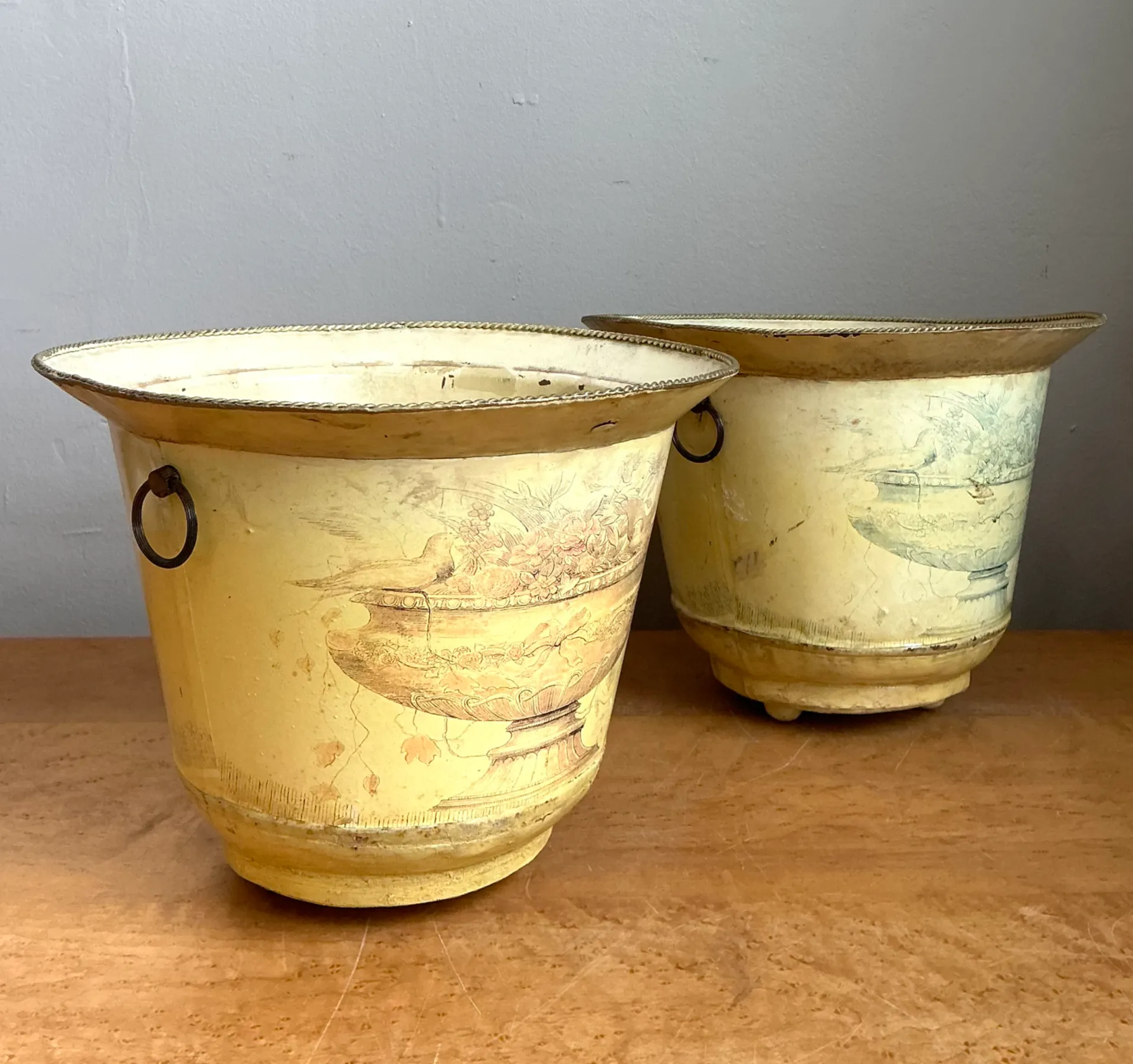 Vintage Distressed French Toile Metal Cache Pot - A Pair — additional photo 8