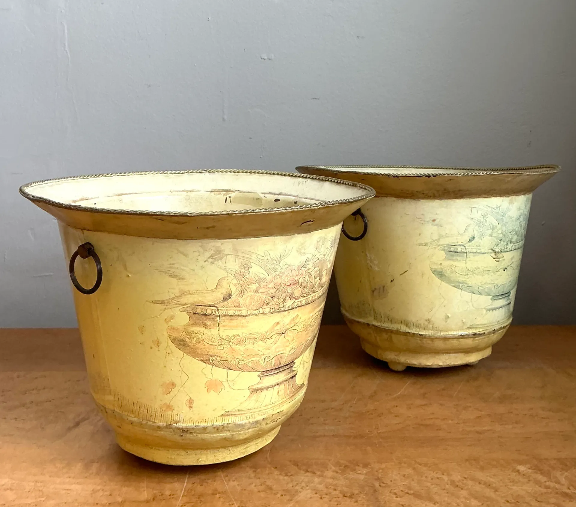 Vintage Distressed French Toile Metal Cache Pot - A Pair — additional photo 4