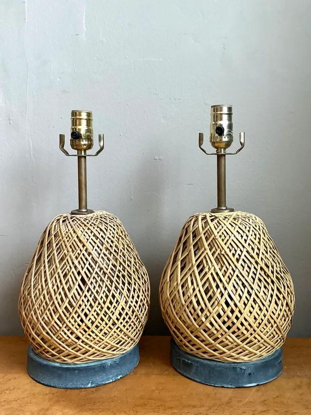 Vintage Rattan and Verdigris Metal Table Lamps - Pair — additional photo 6