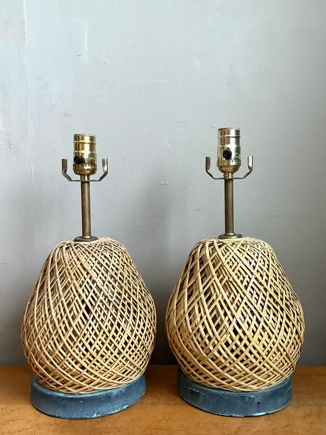 Vintage Rattan and Verdigris Metal Table Lamps - Pair — additional photo 2