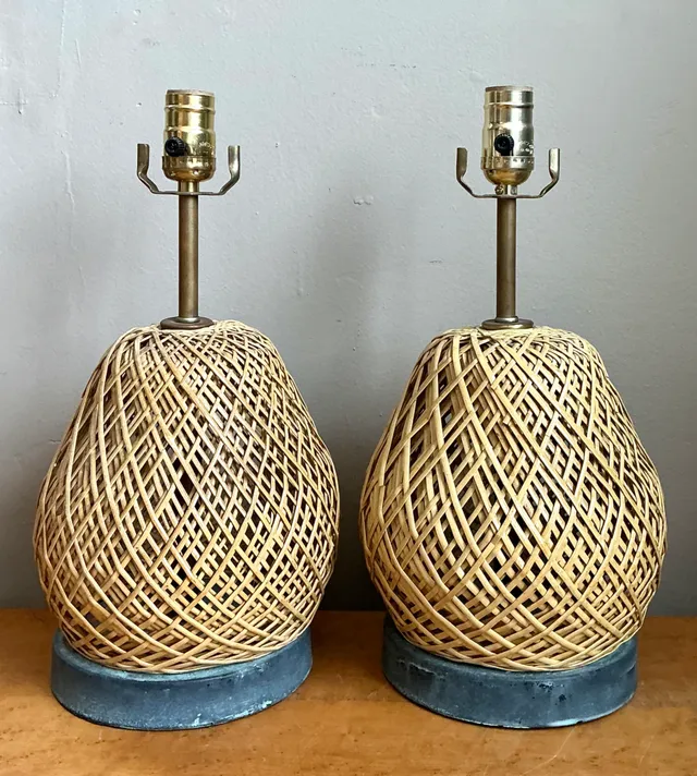 Vintage Rattan and Verdigris Metal Table Lamps - Pair — additional photo 5