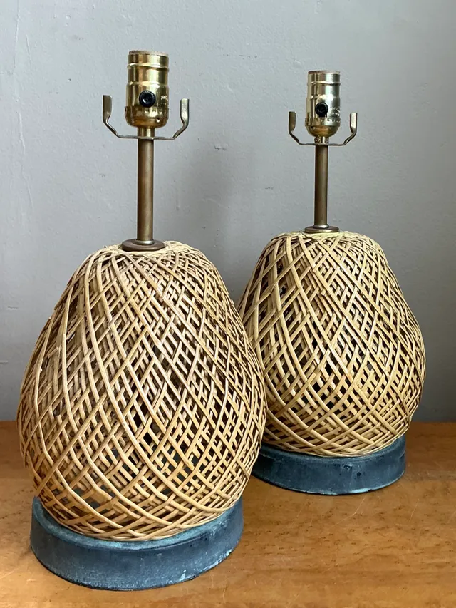 Vintage Rattan and Verdigris Metal Table Lamps - Pair — additional photo 1