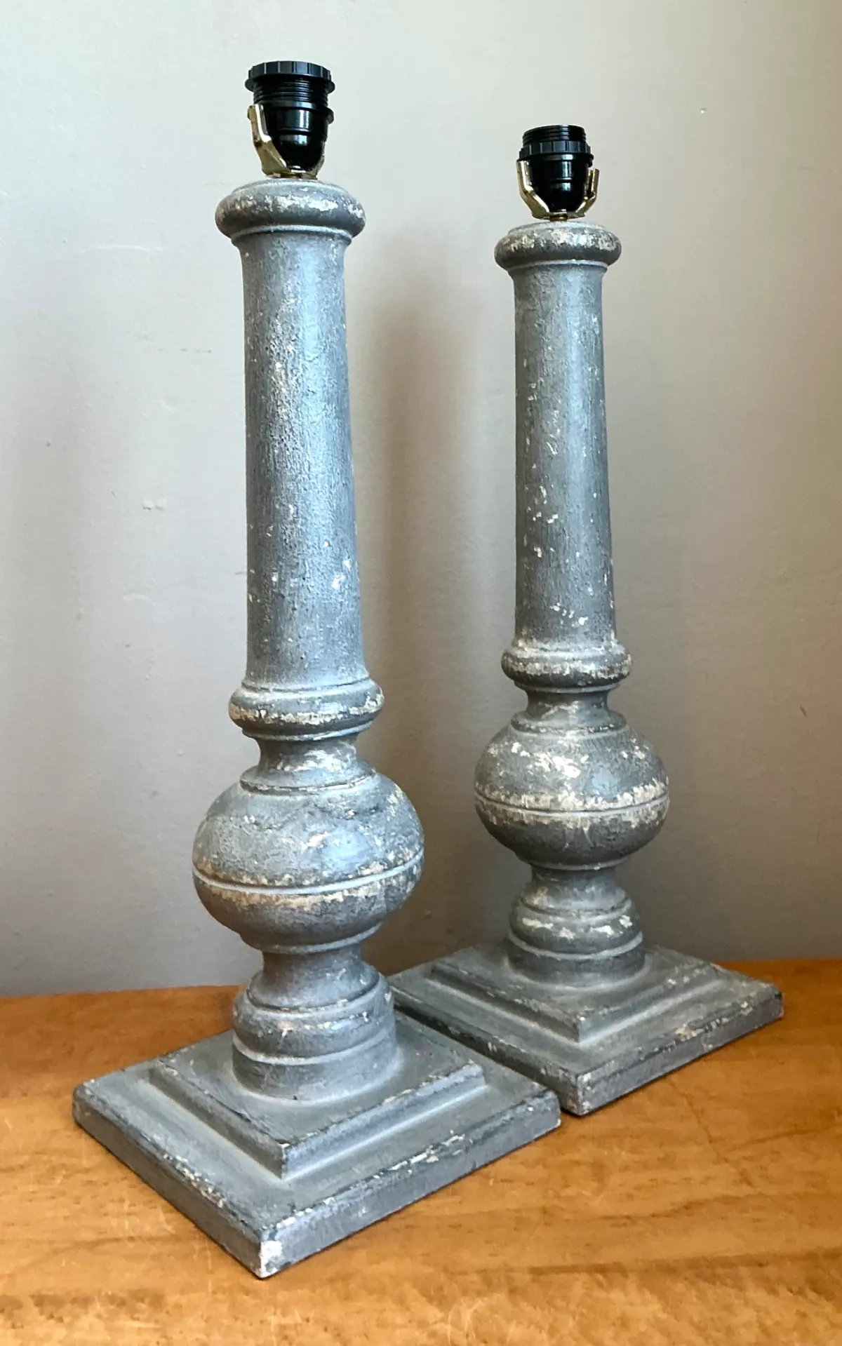 Vintage Distressed Wood Table Lamps - Pair