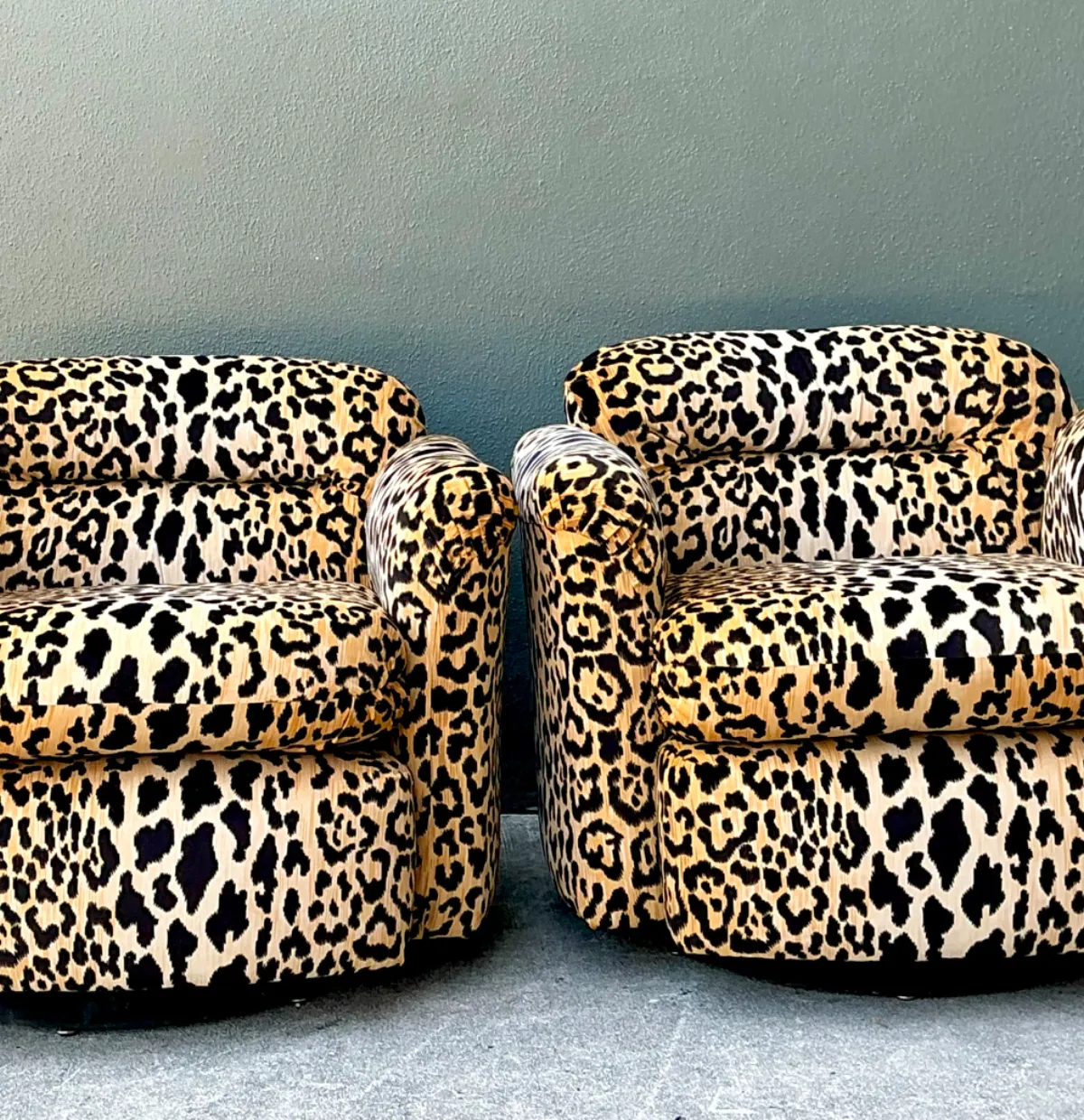 Vintage Leopard Velvet Swivel Chairs - Pair