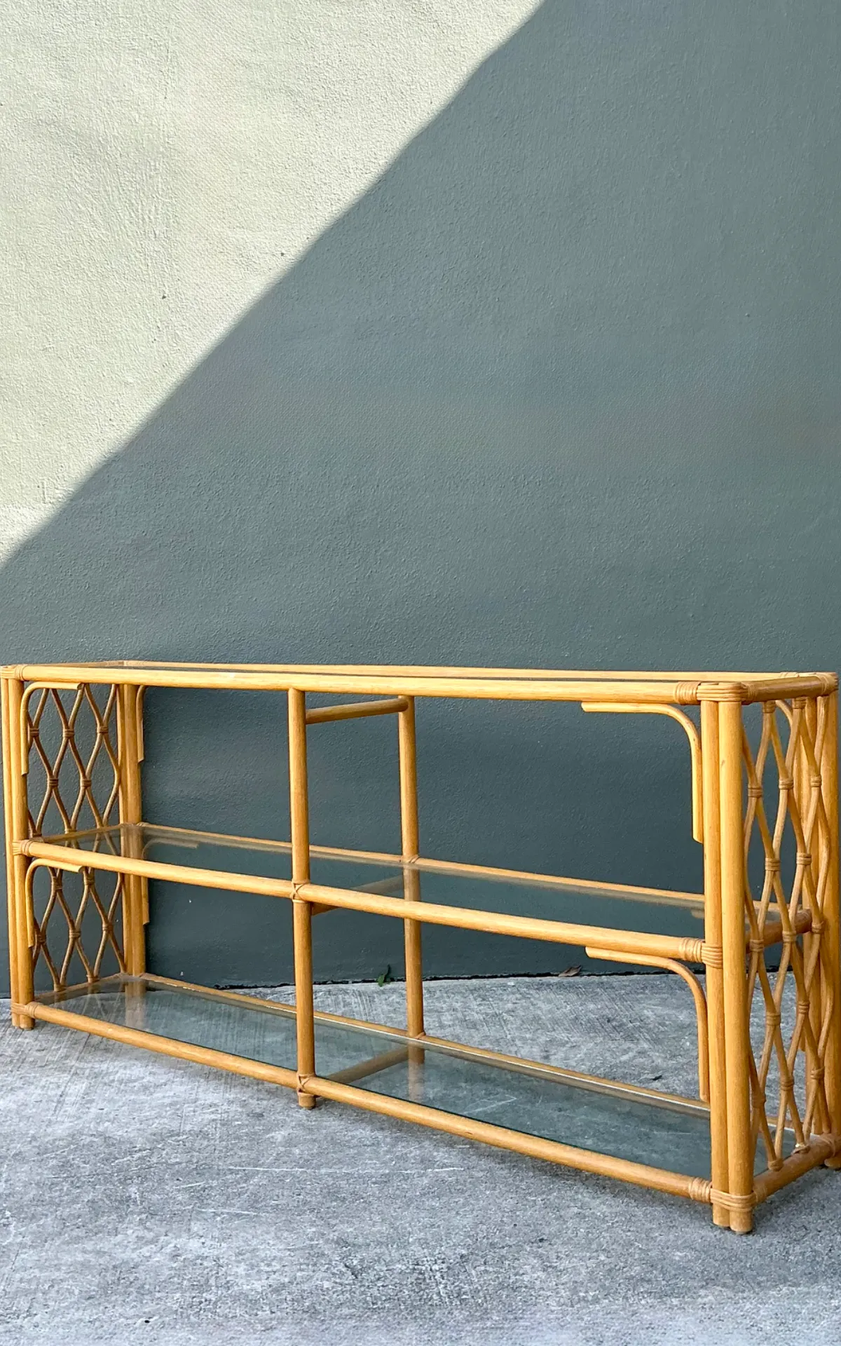 Vintage Trellis Rattan and Glass Console Table — additional photo 7