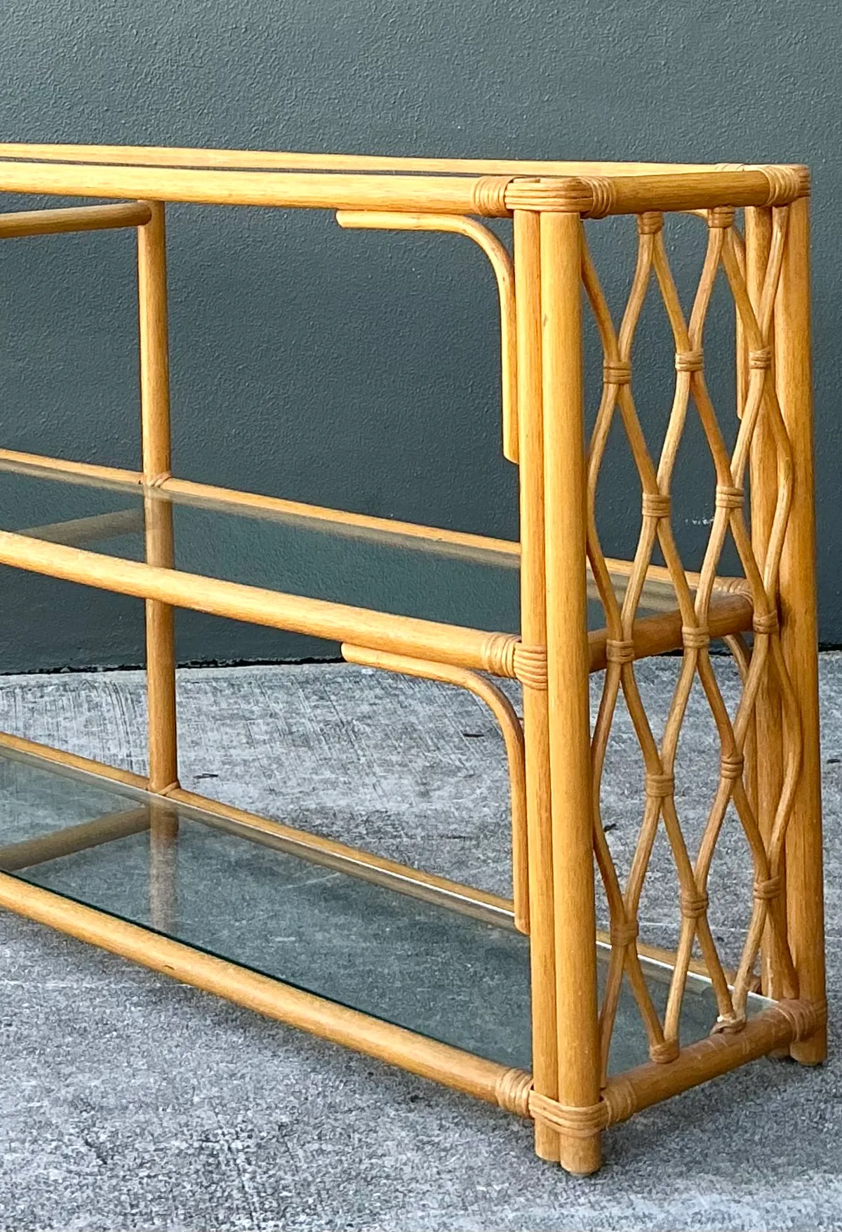 Vintage Trellis Rattan and Glass Console Table — additional photo 3