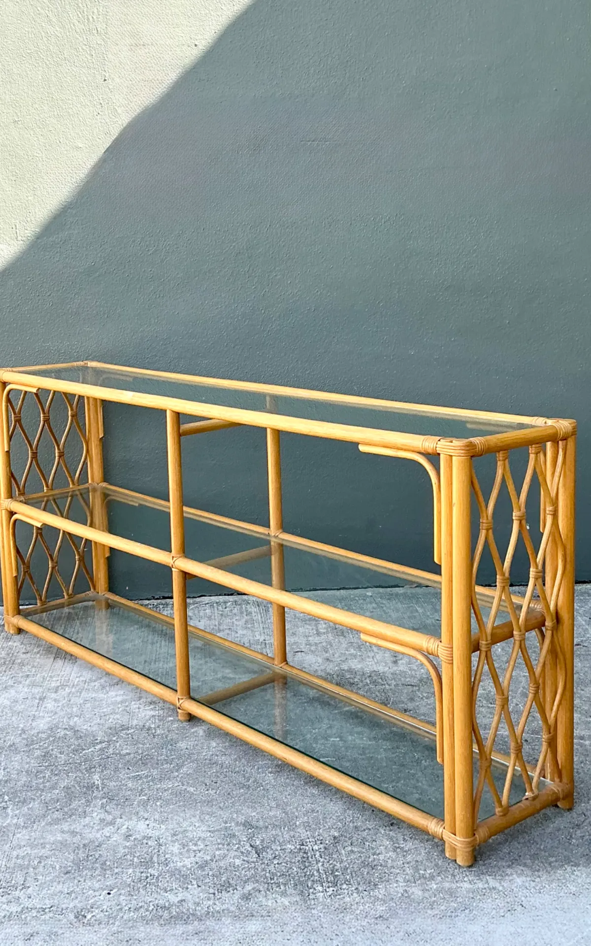 Vintage Trellis Rattan and Glass Console Table — additional photo 2