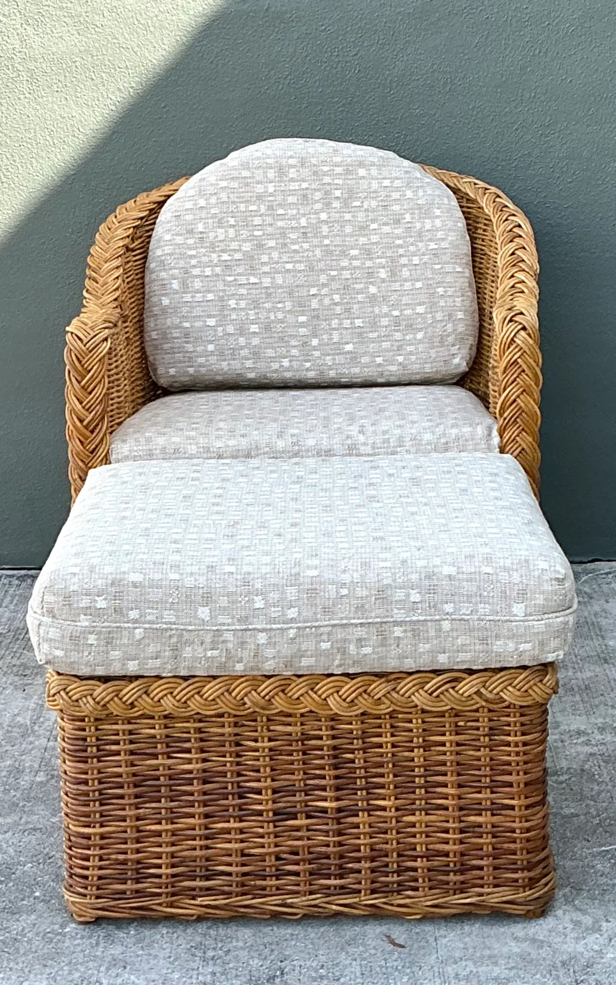 Vintage Braided Rattan Lounge Chair and Ottoman