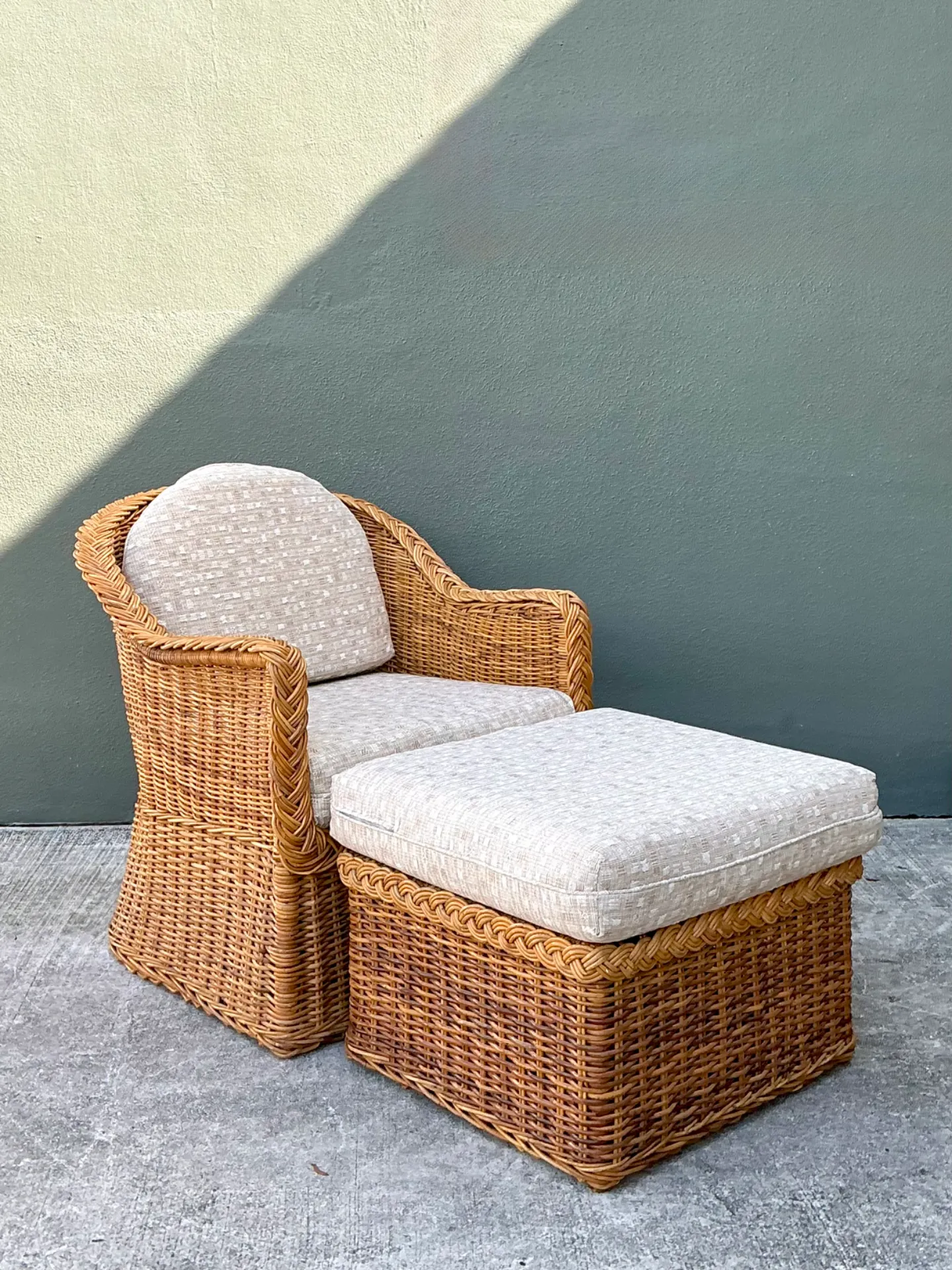 Vintage Braided Rattan Lounge Chair and Ottoman — additional photo 2