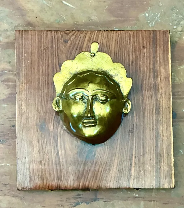 Vintage Brass Mask Mounted on Wood — additional photo 7