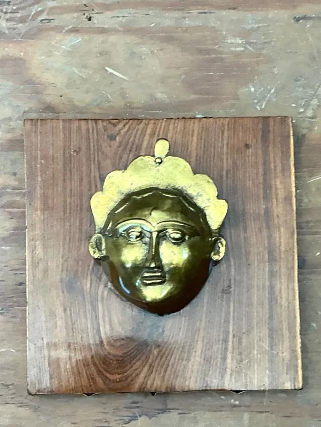 Vintage Brass Mask Mounted on Wood — additional photo 5