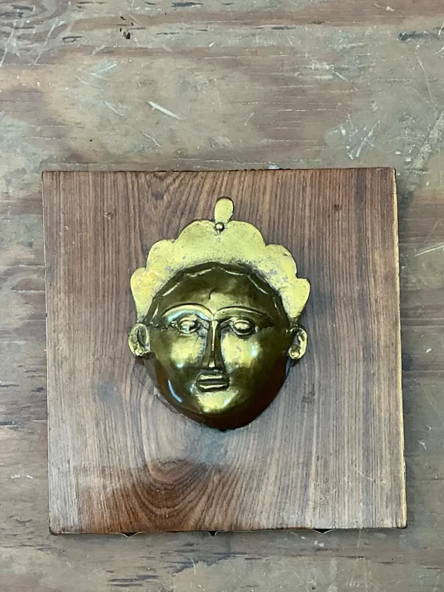 Vintage Brass Mask Mounted on Wood — additional photo 4