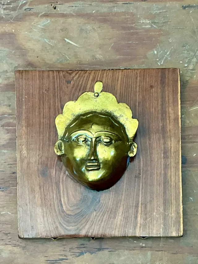 Vintage Brass Mask Mounted on Wood — additional photo 1