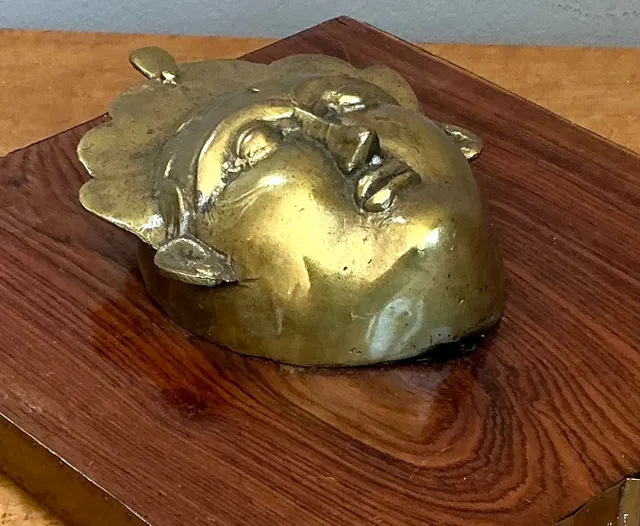 Vintage Brass Mask Mounted on Wood — additional photo 6